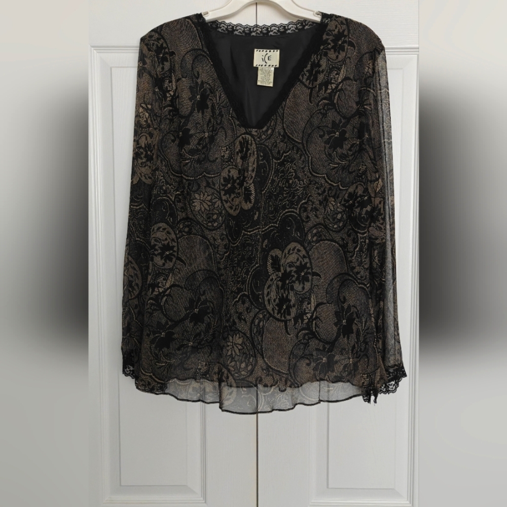 CeCe Black and Gold Lace Overlay V-Neck Blouse